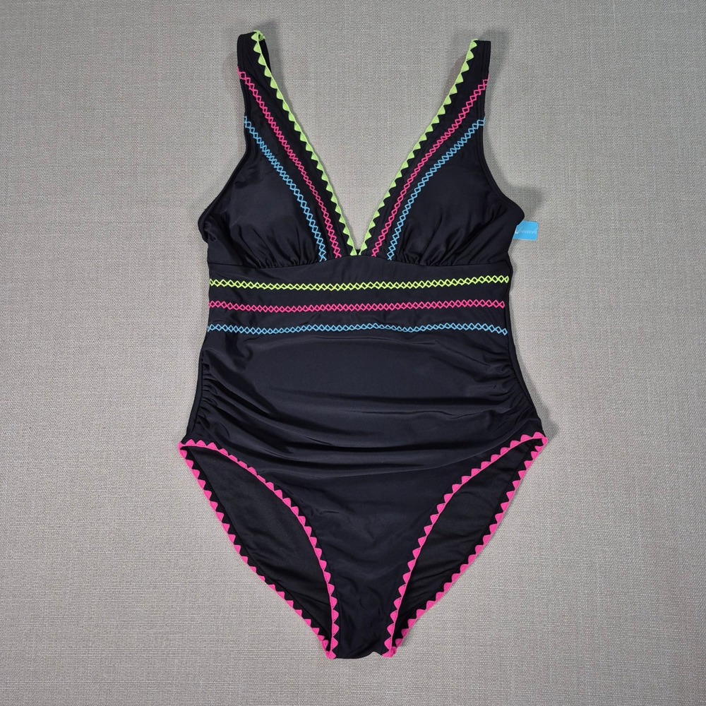 Popvil Beach Women Black Neon Embroidered Tummy Control One Piece Swimsuit L